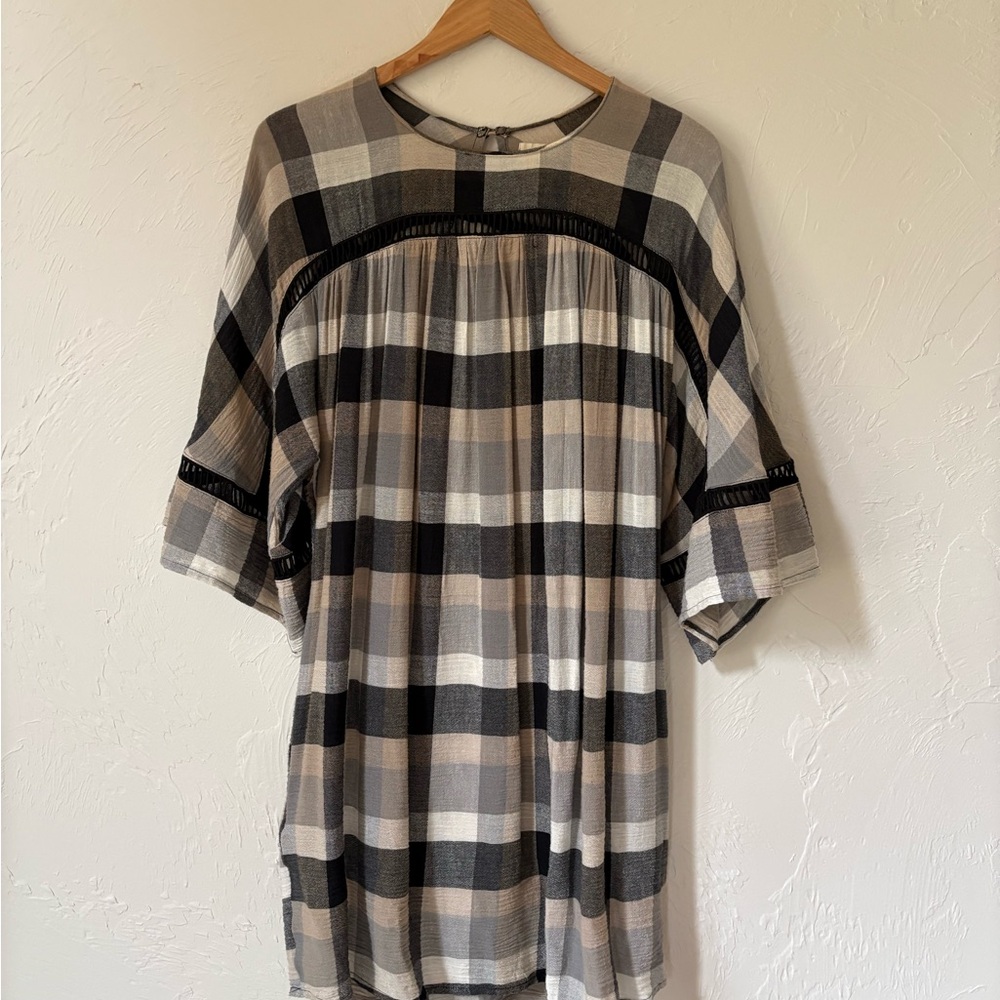Maeve Beige, Black & White Plaid 3/4 Sleeve Dress